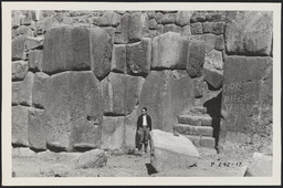 Bertha Dutton at the stairs to the lower terrace at Sacsayhuaman ruins, Peru